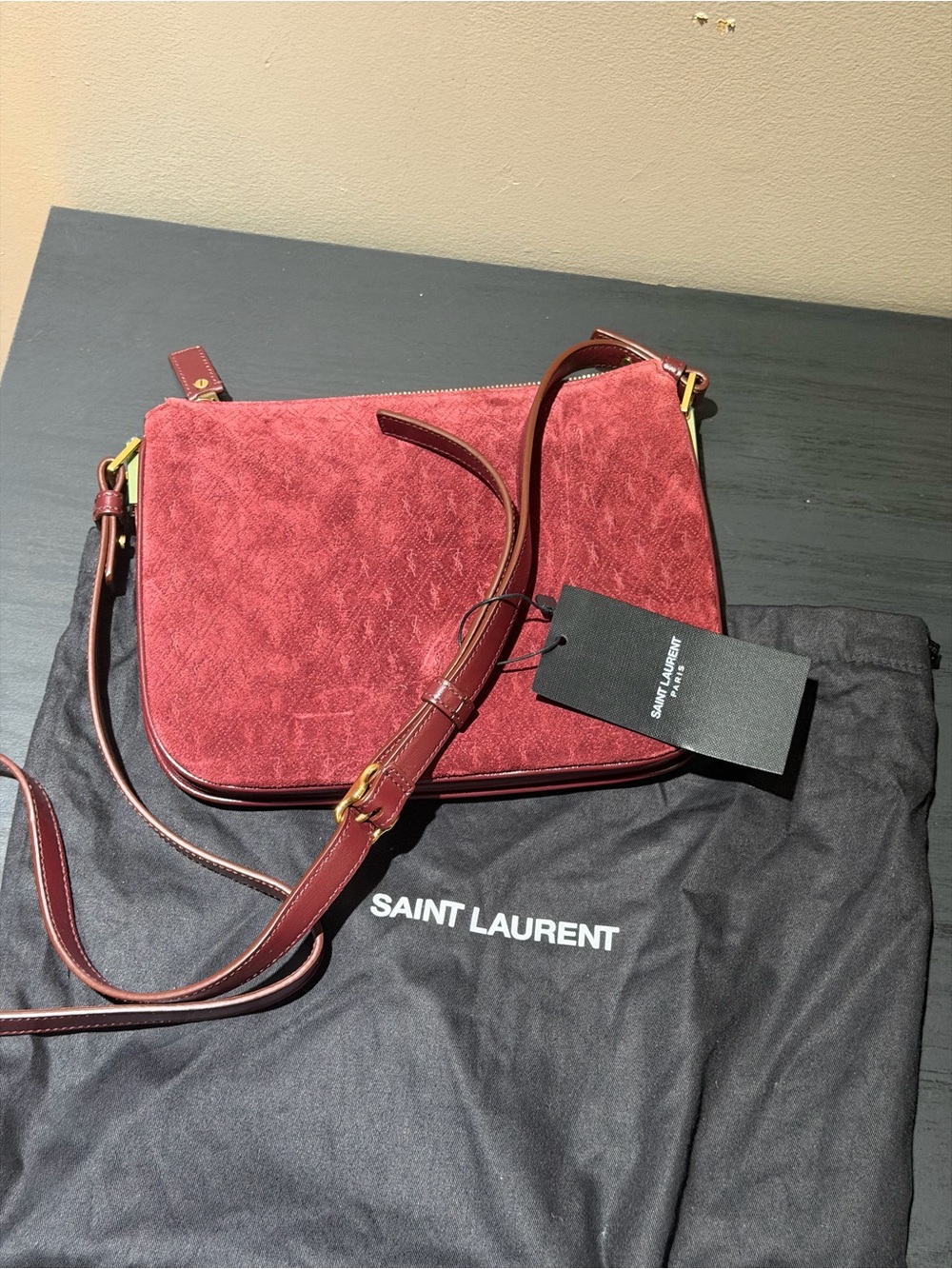 Saint Laurent Burgundy Suede Crossbody Bag with Gold Hardware